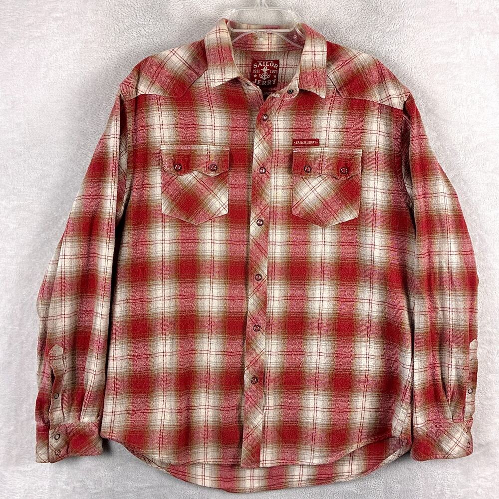 Sailor Jerry Flannel Shirt Mens XL Red Pink Plaid Pearl Snap Sawtooth Outdoors